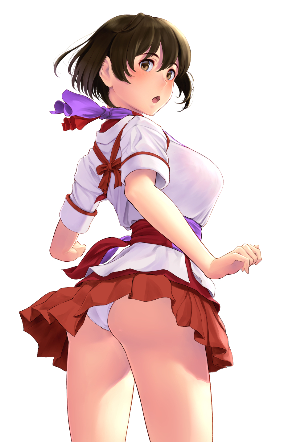 1girl ass brown_hair commentary_request cowboy_shot employee_uniform flight_attendant from_behind highres hiryuu_(kantai_collection) kantai_collection looking_at_viewer panties pantyshot peach_(airline) pleated_skirt purple_scarf red_skirt scarf shirt short_hair simple_background skirt solo standing stewardess underwear uniform wa_(genryusui) white_background white_panties white_shirt