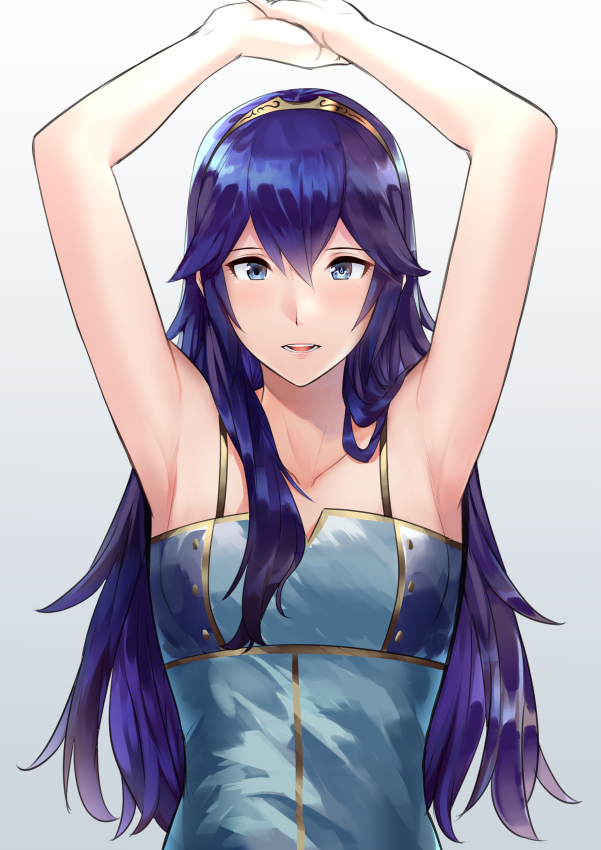 1girl alternate_costume ameno_(a_meno0) armpits arms_up bangs blue_hair blush breasts collarbone commentary_request eyelashes fire_emblem fire_emblem_awakening gradient gradient_background grey_background hair_between_eyes long_hair looking_at_viewer lucina lucina_(fire_emblem) shiny shiny_hair shirt simple_background sleeveless sleeveless_shirt small_breasts solo tiara upper_body white_background