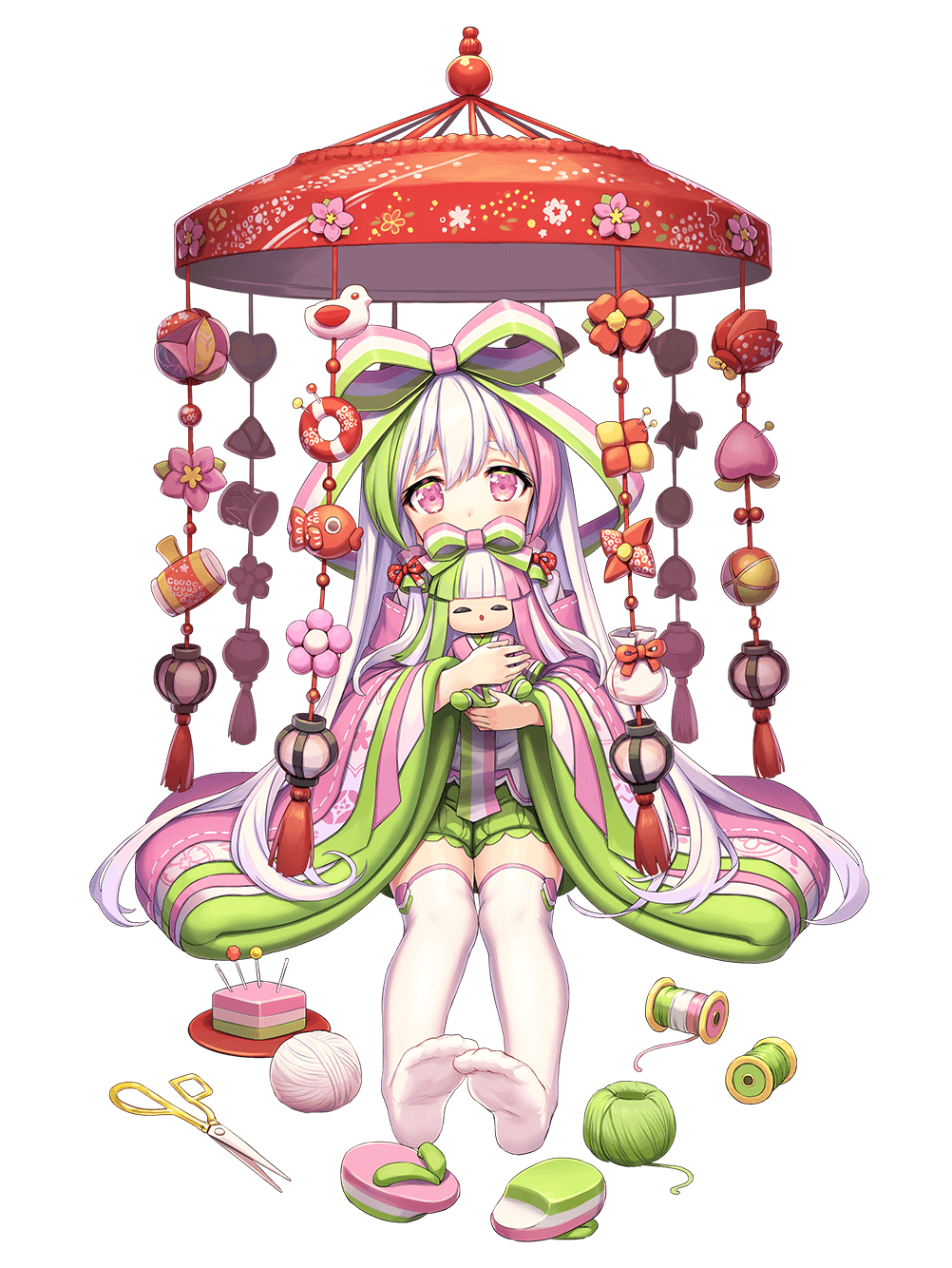 1girl bangs bow doll drum feet food food_fantasy footwear_removed fruit green_shorts hair_bow highres hishi_mochi_(food_fantasy) hishimochi holding holding_doll instrument japanese_clothes kimono lantern long_hair long_sleeves looking_at_viewer mallet multicolored_hair official_art peach pink_eyes scissors shorts sitting solo streaked_hair striped striped_bow tachi-e thigh-highs thread very_long_hair white_hair white_legwear wide_sleeves yarn yarn_ball