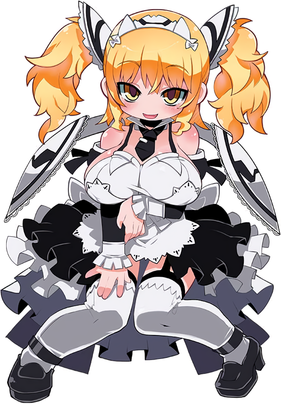 1girl apron arm_grab black_footwear black_neckwear blonde_hair blush brave_sword_x_blaze_soul breasts detached_collar detached_sleeves eyebrows_visible_through_hair full_body garter_straps headdress large_breasts long_hair looking_at_viewer maid maid_apron maid_headdress necktie official_art open_mouth showgirl_skirt simple_background solo strappy_heels thigh-highs twintails white_background white_legwear wings yellow_eyes zankuro