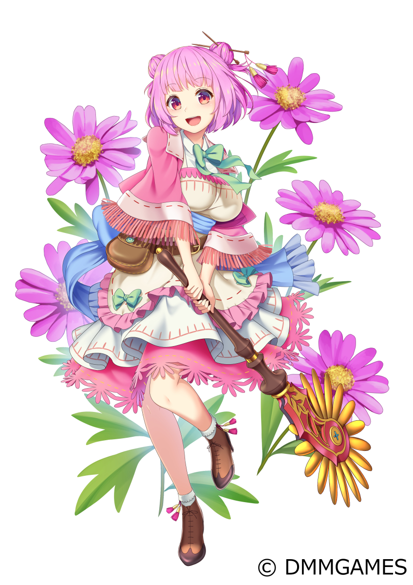 1girl :d bag bow bowtie brachyscome_(flower_knight_girl) brown_bag brown_footwear company_name double_bun dress flower flower_knight_girl frills full_body green_bow hair_ornament hair_stick highres holding holding_weapon layered_dress looking_at_viewer ninnzinn object_namesake official_art open_mouth pink_capelet pink_hair red_eyes shoes short_hair simple_background smile solo standing weapon white_background