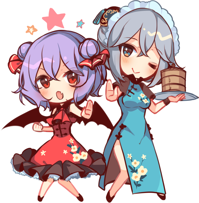 2girls alternate_costume bat_wings black_footwear blue_eyes blush chibi china_dress chinese_clothes commentary double_bun dress fang full_body hair_ornament hair_ribbon holding holding_tray izayoi_sakuya kirero looking_at_viewer maid_headdress multiple_girls one_eye_closed open_mouth outstretched_arm purple_hair red_dress red_eyes red_neckwear red_ribbon remilia_scarlet ribbon short_sleeves smile star touhou tray white_background wings wristband