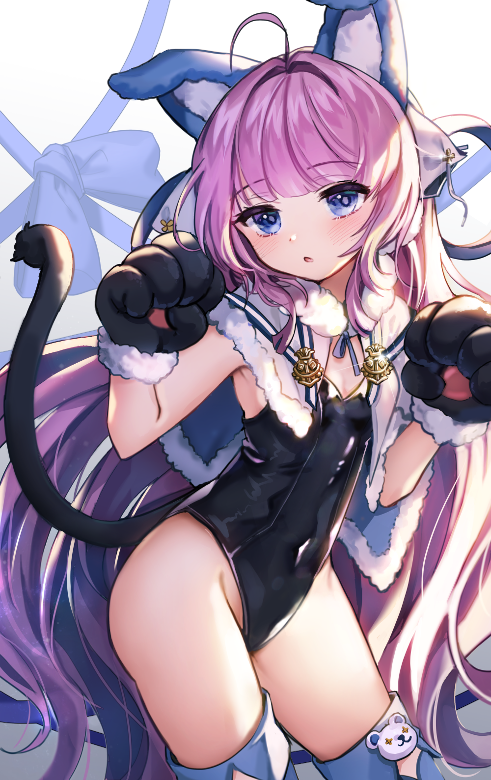 1girl ahoge animal_ears armpits azur_lane bare_shoulders black_leotard blue_eyes blue_legwear blue_ribbon capelet cat_ears cat_tail commentary_request covered_navel cowboy_shot fake_animal_ears fur_trim gloves highleg highleg_leotard highres kittysuit latex leotard lerome long_hair looking_at_viewer parted_lips paw_gloves paw_pose paws purple_hair ribbon solo standing tail tashkent_(azur_lane) thigh-highs thighs very_long_hair