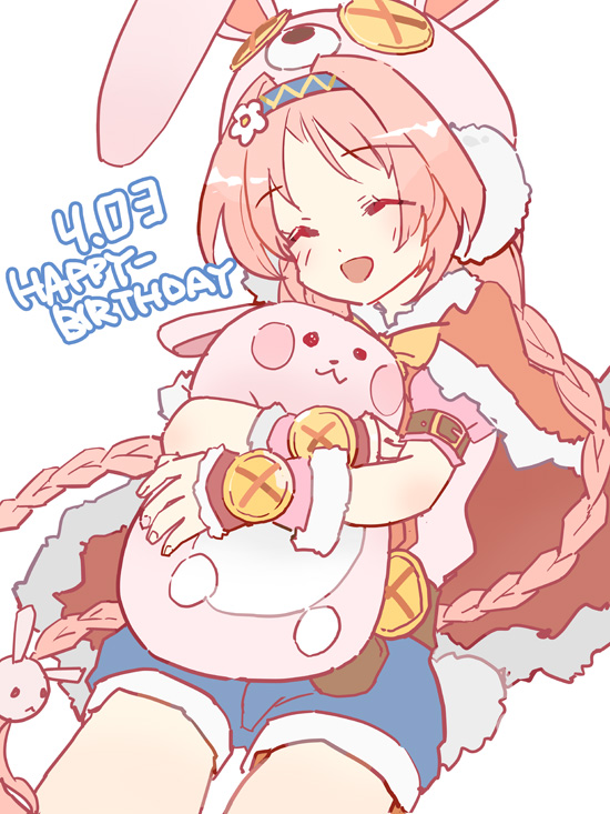 1girl :d ^_^ akane_mimi animal_ears animal_hat bangs blue_shorts blush braid bunny_hair_ornament bunny_hat closed_eyes commentary_request dated eyebrows_visible_through_hair fake_animal_ears hair_intakes hair_ornament happy_birthday hat long_hair low_twintails object_hug open_mouth parted_bangs pink_hair pink_headwear pink_shirt princess_connect! princess_connect!_re:dive puffy_short_sleeves puffy_sleeves rabbit_ears shadowsinking shirt short_shorts short_sleeves shorts simple_background smile solo stuffed_animal stuffed_bunny stuffed_toy twin_braids twintails very_long_hair white_background