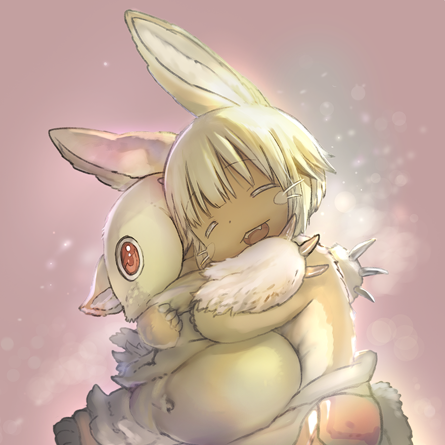 2others androgynous animal_ears closed_eyes eyebrows_visible_through_hair facing_another fangs furry hug made_in_abyss mitty_(made_in_abyss) multiple_others nanachi_(made_in_abyss) official_art red_eyes short_hair tsukushi_akihito upper_teeth whiskers white_hair