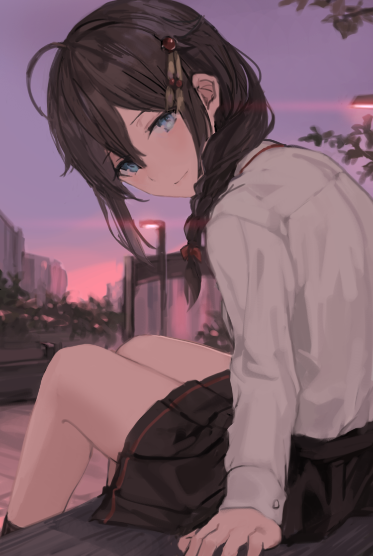 1girl ahoge bangs bare_legs bench black_skirt blue_eyes bow braid brown_hair city closed_mouth collared_shirt eyebrows_visible_through_hair eyes_visible_through_hair from_behind hair_bow hair_flaps hair_ornament hair_over_shoulder kantai_collection lamppost light_smile long_hair long_sleeves looking_at_viewer looking_back outdoors pleated_skirt remodel_(kantai_collection) sha_(isago) shigure_(kantai_collection) shirt sitting skirt socks solo white_shirt