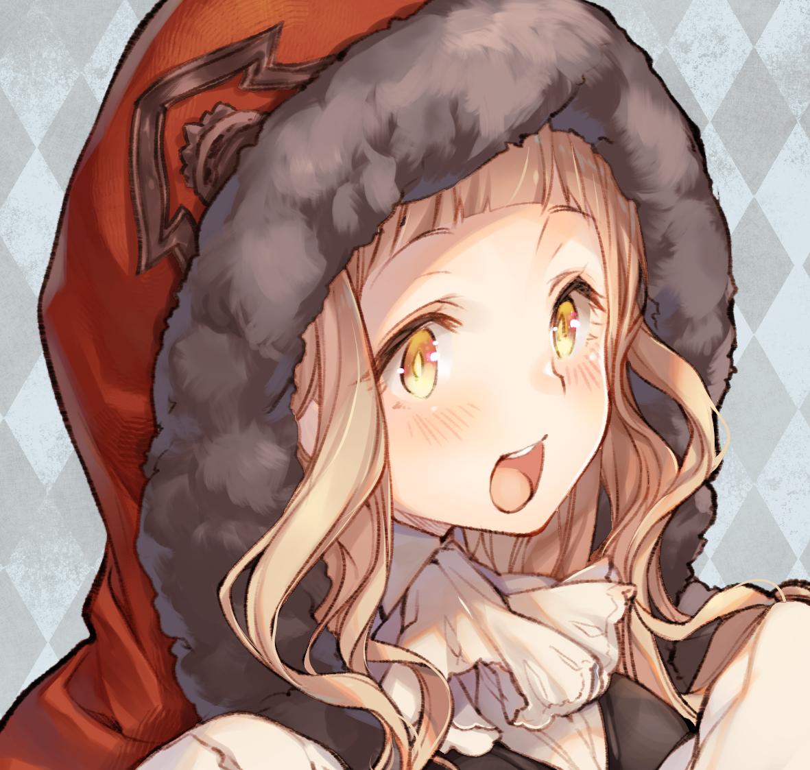 1girl argyle argyle_background bangs blonde_hair blunt_bangs blush fur_trim hood hood_up little_red_riding_hood_(sinoalice) long_hair looking_away open_mouth red_hood sinoalice solo source_request teroru upper_body upper_teeth wavy_hair yellow_eyes