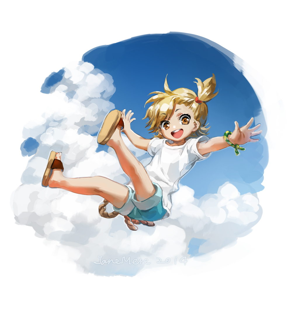 1girl artist_name asymmetrical_bangs bangs barakamon blonde_hair blue_shorts blue_sky bracelet brown_eyes child clouds eyebrows_visible_through_hair happy jane_mere jewelry kotoishi_naru looking_at_viewer open_mouth outstretched_arms sandals shirt short_hair short_sleeves shorts side_ponytail sky solo t-shirt upper_teeth white_shirt