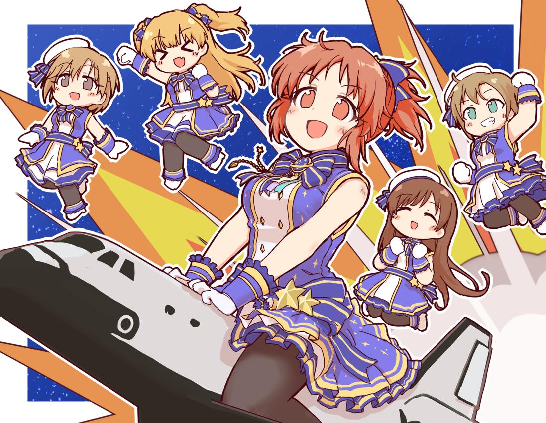 &gt;_&lt; 5girls :d ^_^ ^o^ abe_nana aiba_yumi arm_up black_legwear blonde_hair blue_bow blush bow breasts brown_eyes brown_hair chibi closed_eyes gloves green_eyes grin hair_bow hemoglosso idolmaster idolmaster_cinderella_girls jougasaki_rika large_breasts looking_away multiple_girls nitta_minami open_mouth pantyhose parted_lips protected_link riding short_hair short_ponytail smile space_craft space_shuttle tada_riina teeth twintails white_gloves xd