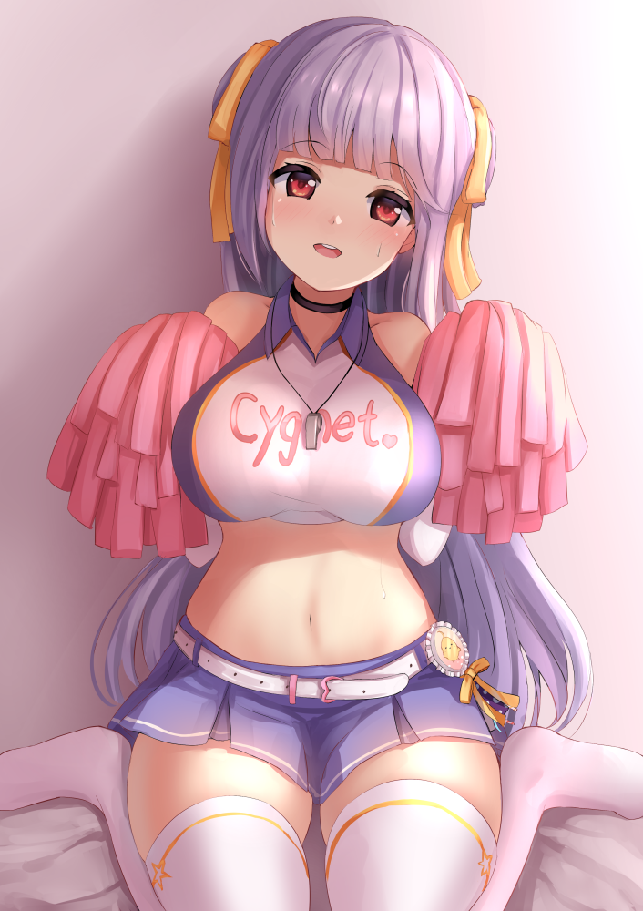 1girl :d azur_lane bangs bare_shoulders bed_sheet belt black_choker blue_skirt blunt_bangs blush breasts character_name cheerleader choker clothes_writing commentary_request crop_top cygnet_(azur_lane) cygnet_(royal_fanfare)_(azur_lane) eyebrows_visible_through_hair gradient gradient_background grey_background hair_ribbon head_tilt heart holding large_breasts long_hair looking_at_viewer manda_(manda9n) midriff miniskirt navel no_shoes open_mouth pleated_skirt pom_poms red_eyes ribbon round_teeth shirt silver_hair sitting skirt sleeveless sleeveless_shirt smile solo stomach straight_hair teeth thigh-highs two_side_up upper_teeth very_long_hair wariza whistle whistle_around_neck white_legwear yellow_ribbon zettai_ryouiki