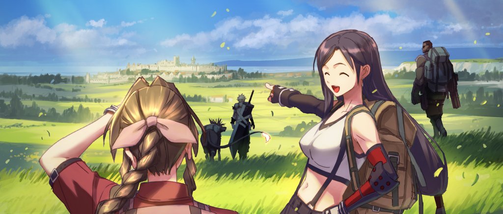 2girls 3boys aerith_gainsborough arm_guards backpack bag barret_wallace bow braid braided_ponytail buster_sword cloud_strife decoponmagi field final_fantasy final_fantasy_vii final_fantasy_vii_remake fingerless_gloves gloves grass hair_bow light_rays long_hair low-tied_long_hair multiple_boys multiple_girls pointing red_xiii smile sunlight suspenders sword tank_top tifa_lockhart town walking weapon weapon_on_back white_crop_top white_tank_top