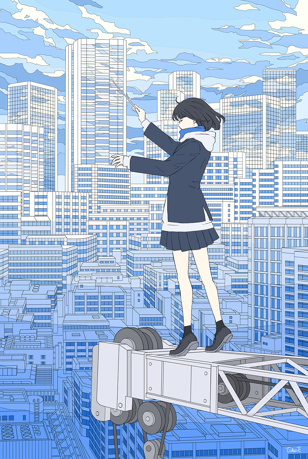 1girl arm_up baton_(instrument) black_footwear black_hair black_legwear black_skirt blue_jacket blue_scarf blue_skirt blue_sky blue_theme building city cityscape closed_eyes clouds cloudy_sky commentary_request conductor crane_(machine) day flat_color from_behind full_body hand_up highres holding hood hood_down jacket ligne_claire long_sleeves miniskirt original pleated_skirt scarf seraphitalg short_hair signature skirt sky skyscraper socks solo standing tiptoes white_hoodie