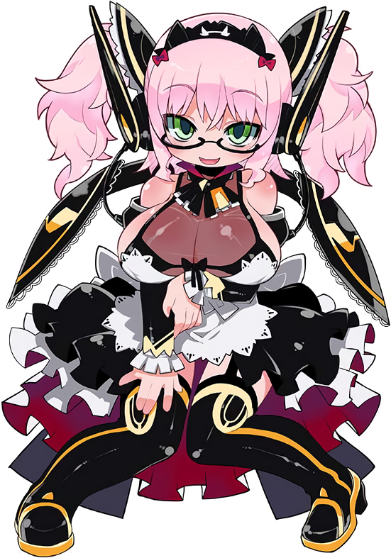 1girl apron arm_grab black-framed_eyewear black_legwear boots brave_sword_x_blaze_soul breasts detached_sleeves eyebrows_visible_through_hair full_body garter_straps green_eyes large_breasts long_hair looking_at_viewer maid maid_apron maid_headdress official_art open_mouth pink_hair see-through semi-rimless_eyewear simple_background solo thigh-highs thigh_boots twintails under-rim_eyewear white_background wings zankuro