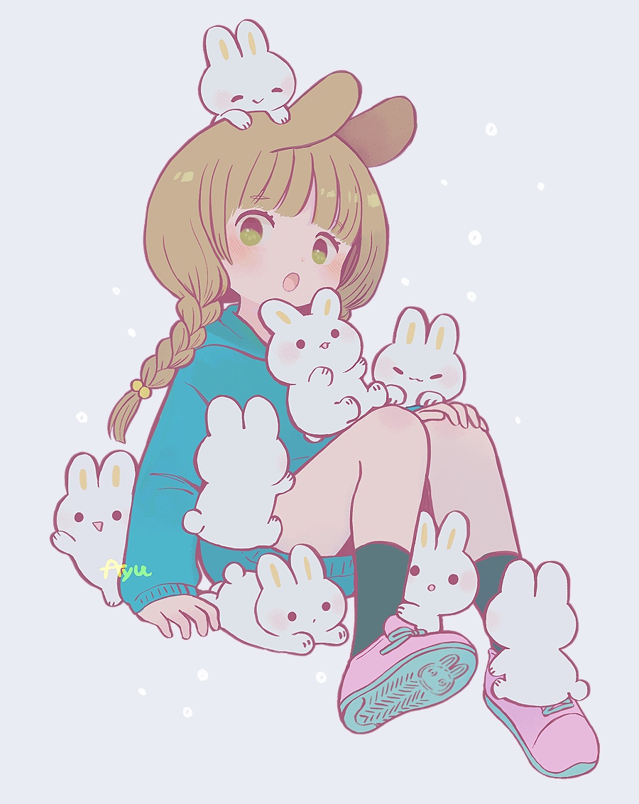 1girl :o animal animal_ears arm_support ayu_(mog) bangs blue_sweater blunt_bangs blush braid brown_hair eyebrows_visible_through_hair full_body green_eyes grey_background hand_on_own_knee long_hair long_sleeves open_mouth original pink_footwear rabbit rabbit_ears shoes signature sitting sneakers solid_circle_eyes sweater too_many too_many_bunnies twin_braids twintails