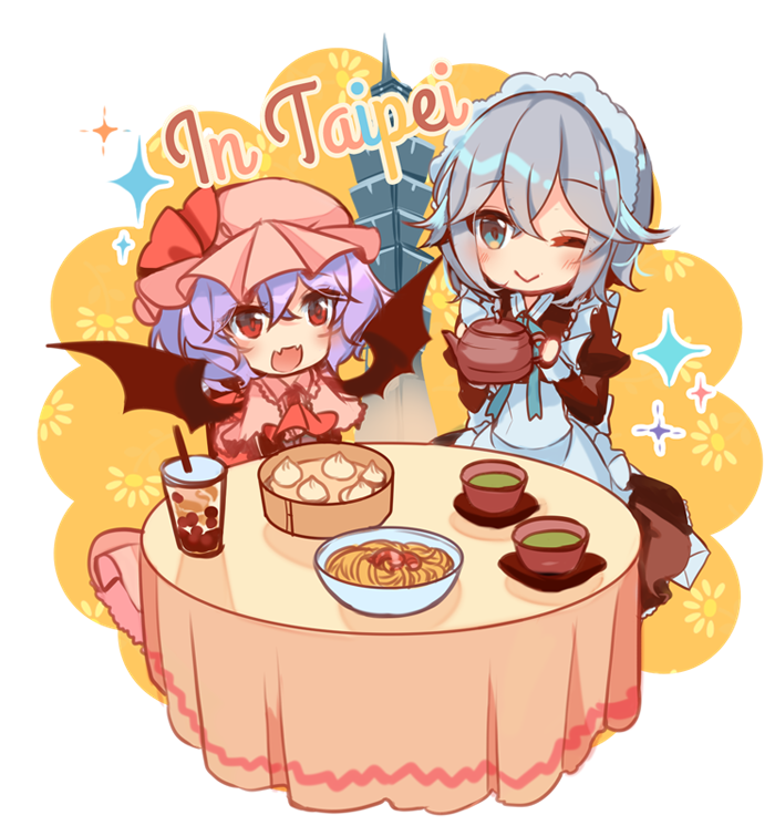 2girls :d ;&gt; apron baozi bat_wings black_dress blue_eyes blue_neckwear blush bubble_tea chibi commentary_request dress fangs food frills green_tea grey_hair hat holding_teapot izayoi_sakuya juliet_sleeves kirero long_sleeves looking_at_another maid maid_headdress mob_cap multiple_girls one_eye_closed open_mouth pink_dress pink_headwear puffy_sleeves purple_hair red_eyes red_neckwear remilia_scarlet short_hair skin_fangs smile sparkle table taipei_101 tea teapot touhou wings yellow_background