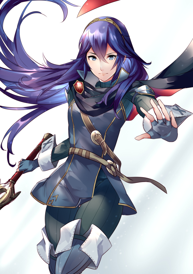 1girl ameno_(a_meno0) armor bangs black_bodysuit blue_footwear blue_hair blue_shirt bodysuit boots closed_mouth feet_out_of_frame fingerless_gloves fire_emblem fire_emblem_awakening gloves gradient gradient_background hair_between_eyes hair_spread_out holding holding_sword holding_weapon long_hair long_sleeves looking_at_viewer lucina lucina_(fire_emblem) outstretched_arm shiny shiny_hair shirt shoulder_armor simple_background solo sword thigh-highs thigh_boots tiara weapon white_background