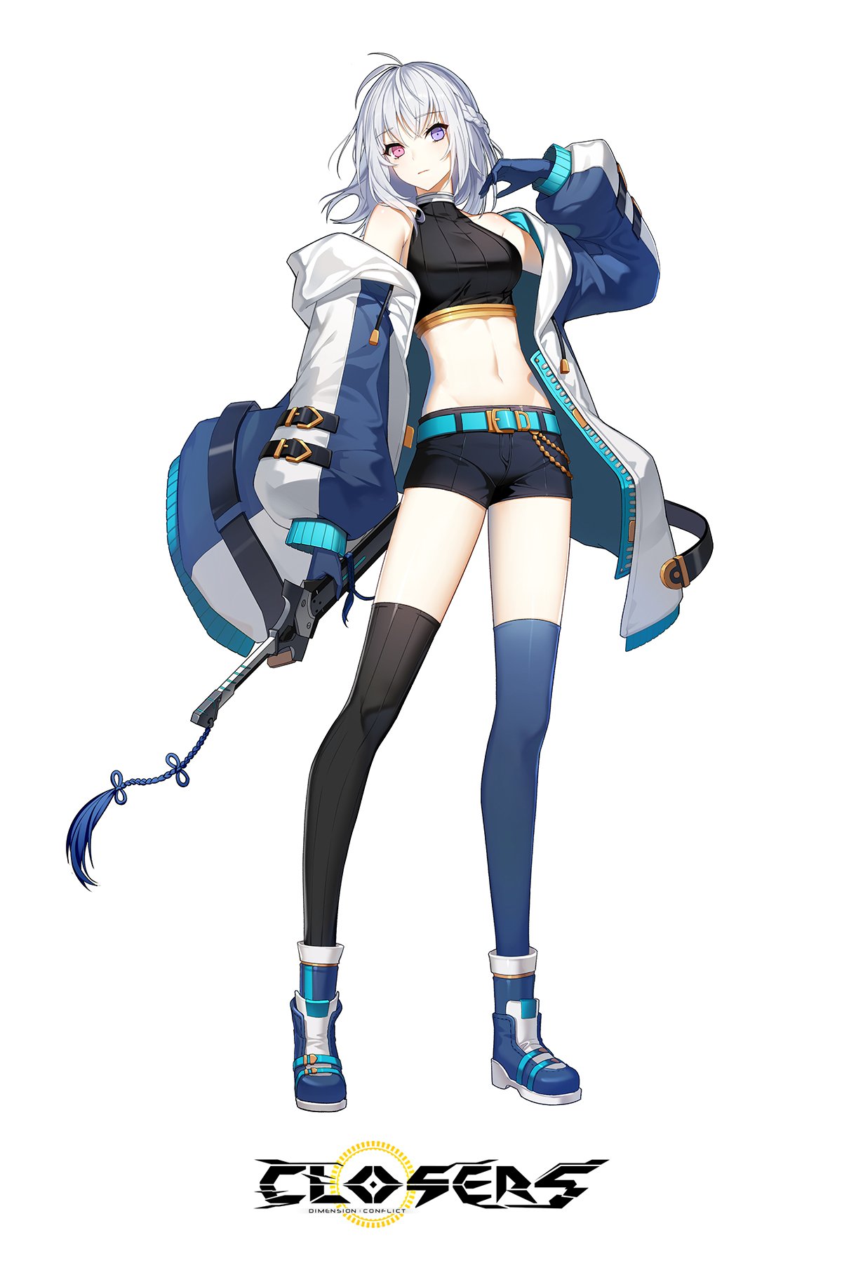 1girl bai_winchester bare_shoulders belt black_legwear black_shirt black_shorts blue_gloves blue_jacket blue_legwear boots braid breasts closers crop_top drawstring expressionless full_body gloves gold_trim groin hand_up heterochromia highres holding holding_sword holding_weapon jacket long_sleeves looking_at_viewer medium_breasts medium_hair midriff mismatched_legwear navel off_shoulder official_art open_clothes open_jacket pantylines pink_eyes puffy_sleeves ribbed_legwear ribbed_shirt shirt short_shorts shorts sleeveless sleeveless_shirt sleeveless_turtleneck solo standing stomach sword thigh-highs thighs turtleneck violet_eyes weapon white_hair