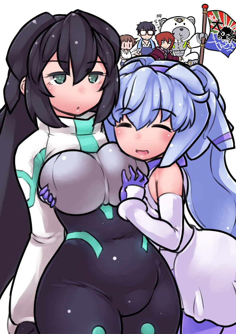 2girls beargguy black_hair blue_gloves blue_hair bodysuit darui_hito dress eyebrows_visible_through_hair flag gloves green_eyes groping gundam gundam_build_divers gundam_build_divers_re:rise impossible_bodysuit impossible_clothes may_(gundam_build_divers_re:rise) multiple_girls nanase_kouichi nanase_nanami_(gundam_build_divers) open_mouth sarah_(gundam_build_divers) shiba_tsukasa white_dress