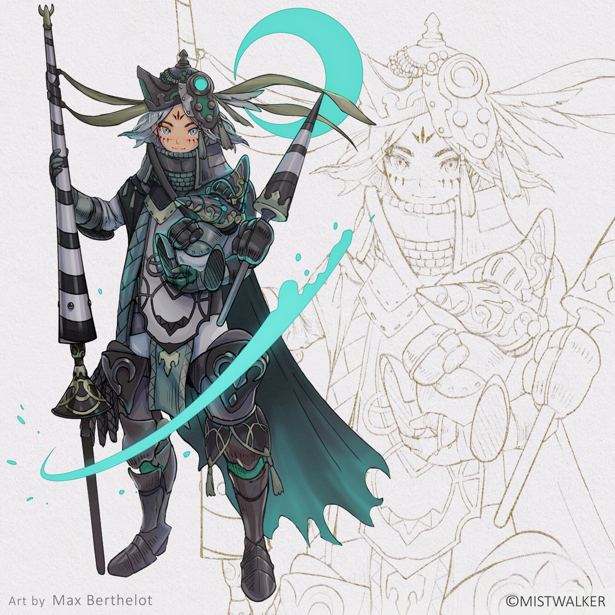 1boy 1other armor blue_eyes cape facial_mark gauntlets gloves glowing greaves green_cape grey_gloves grey_hair helmet highres holding holding_another holding_lance holding_weapon lance makushiro pauldrons polearm sketch standing terra_battle torn_cape torn_clothes weapon