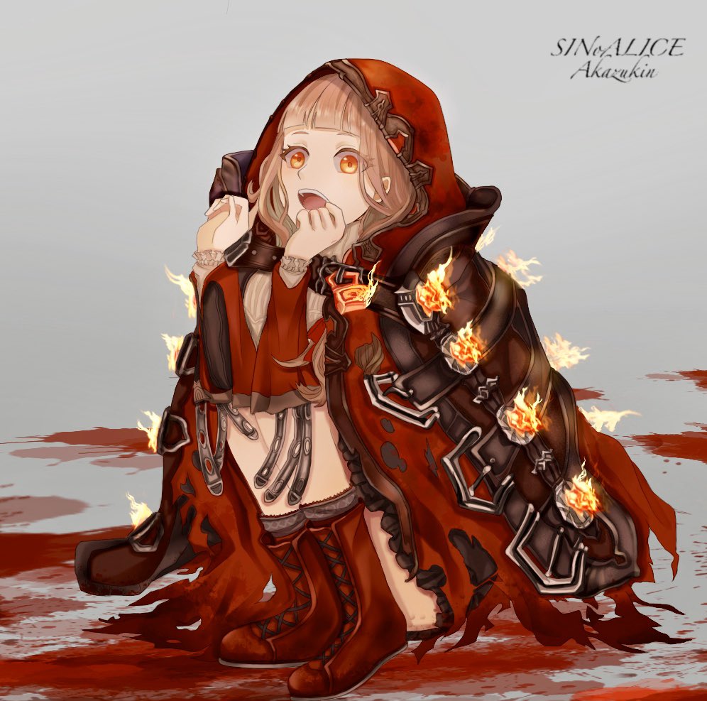 1girl bangs belt belt_buckle blonde_hair blood blood_splatter blunt_bangs boots brown_belt buckle cape character_name copyright_name fire full_body grey_background hog_9by hood hood_up hooded_cape keyhole little_red_riding_hood_(sinoalice) lock long_hair long_sleeves looking_at_viewer on_floor open_mouth orange_eyes padlock red_cape red_footwear red_hood simple_background sinoalice sitting sleeves_past_wrists solo torn_clothes upper_teeth