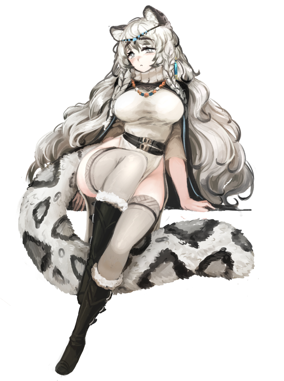 1girl animal_ear_fluff animal_ears arknights bangs barbariank bead_necklace beads belt black_footwear blush boots braid breasts commentary dress english_commentary eyebrows_visible_through_hair full_body grey_eyes grey_hair grey_legwear hair_between_eyes highres jewelry knee_boots large_breasts large_tail leopard_ears leopard_girl leopard_tail long_hair looking_at_viewer necklace pelvic_curtain pramanix_(arknights) side_braids side_slit simple_background sitting solo tail thigh-highs turtleneck_dress twin_braids very_long_hair wavy_hair white_background white_dress