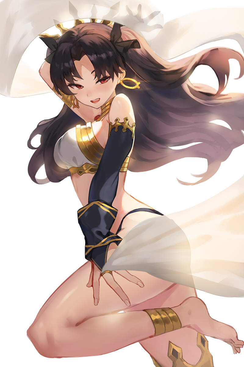 1girl anklet armlet asymmetrical_legwear asymmetrical_sleeves bangs bare_shoulders black_bikini_bottom black_bow black_hair blush bow breasts bridal_gauntlets detached_collar detached_sleeves earrings fate/grand_order fate_(series) feet gold_trim hair_bow highres hoop_earrings ishtar_(fate)_(all) ishtar_(fate/grand_order) jewelry legs long_hair looking_at_viewer medium_breasts neck_ring open_mouth parted_bangs red_eyes seon_(seonon_) simple_background single_detached_sleeve single_thighhigh smile solo thigh-highs tiara two_side_up white_background white_bikini_top