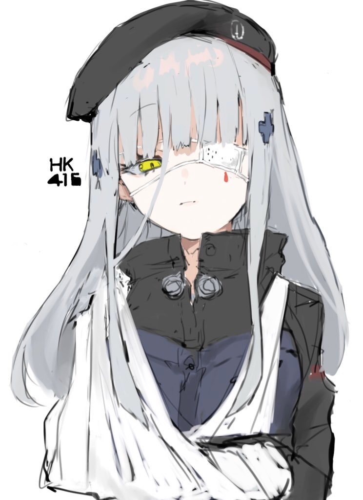 1girl arm_sling bangs beret black_headwear blunt_bangs cast character_name closed_mouth eyebrows_visible_through_hair eyepatch facial_mark girls_frontline hair_ornament hat hk416_(girls_frontline) injury jacket long_hair silver_hair simple_background solo upper_body white_background yellow_eyes yukke-chan