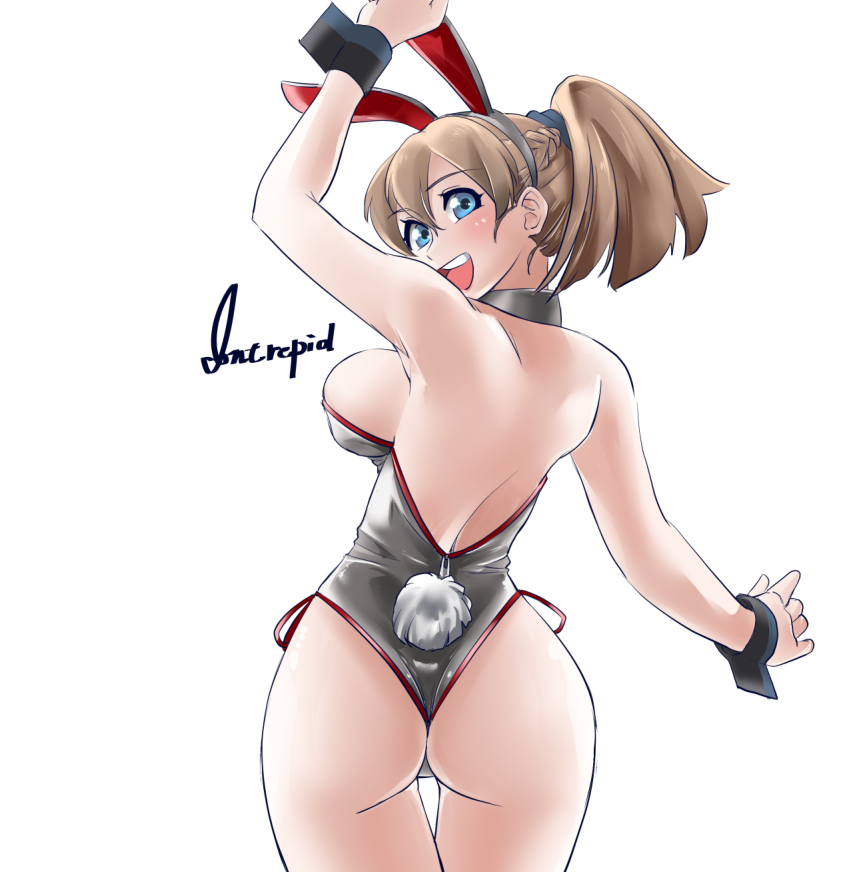 1girl animal_ears ass blue_eyes breasts brown_hair bunny_tail bunnysuit commentary_request cowboy_shot detached_collar from_behind grey_leotard intrepid_(kantai_collection) kantai_collection large_breasts leotard long_hair looking_back one-piece_thong pantyhose ponytail rabbit_ears simple_background smile solo strapless strapless_leotard tail uzuki_kosuke white_background wrist_cuffs