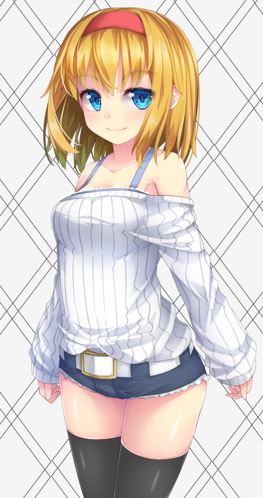1girl alice_margatroid bangs bare_shoulders belt black_legwear blonde_hair blue_eyes bra_strap breasts collarbone commentary_request cowboy_shot cutoffs eyebrows_visible_through_hair grey_background hairband highres long_sleeves looking_at_viewer medium_breasts off-shoulder_sweater off_shoulder partial_commentary red_hairband short_hair short_shorts shorts smile solo standing sweater thigh-highs thighs touhou uumaru white_belt white_sweater