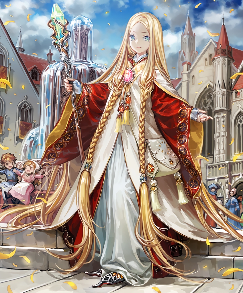 1girl :d absurdly_long_hair artist_request bag bangs blonde_hair blue_eyes braid child church fingerless_gloves forehead fountain gloves holylight_convert long_hair looking_at_viewer low-braided_long_hair official_art open_mouth parted_bangs petals robe shadowverse side_braid smile staff stairs twin_braids very_long_hair wide_sleeves