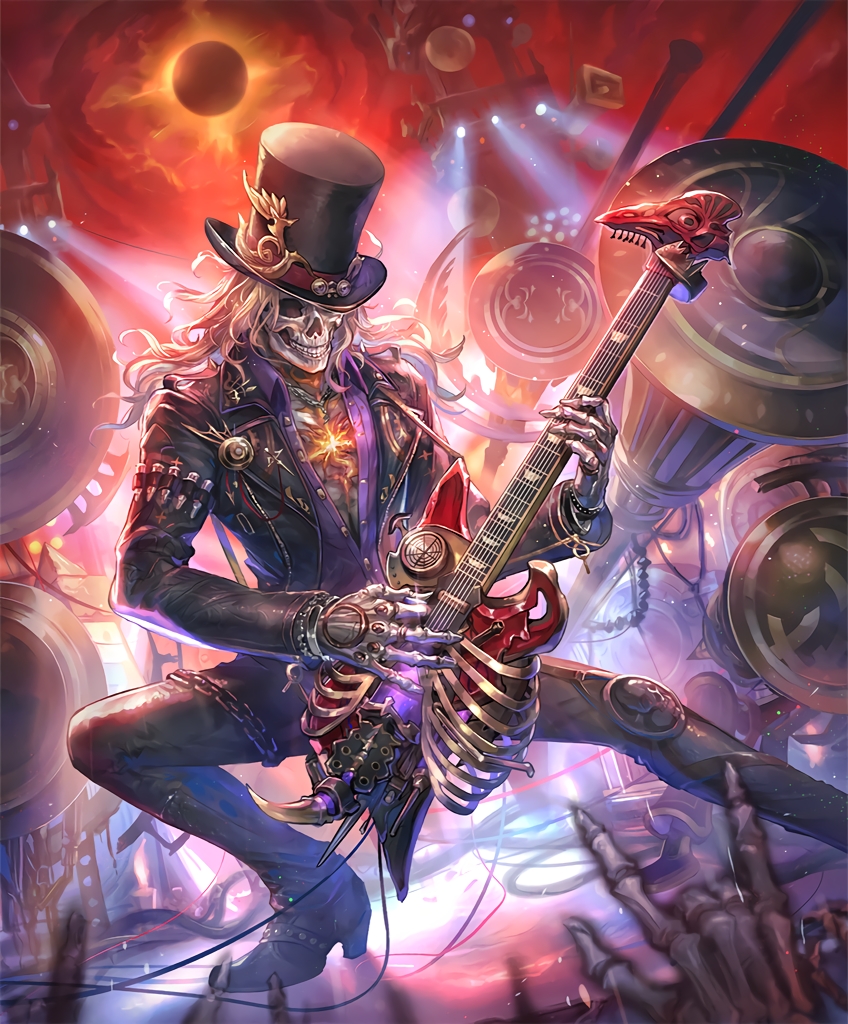 \n/ artist_request chain concert eclipse electric_guitar guitar hat he_who_once_rocked instrument jacket leather leather_jacket leather_pants long_hair loudspeaker music official_art pants playing_instrument ribs shadowverse skeleton solar_eclipse spotlight top_hat white_hair