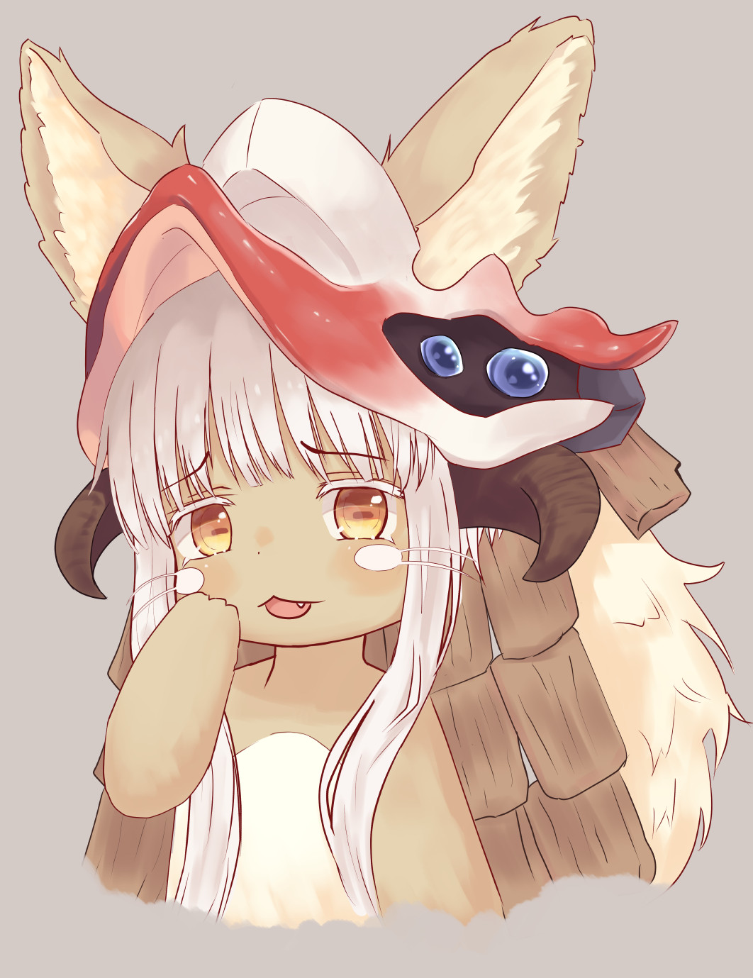 1other androgynous animal_ears brown_eyes eyebrows_visible_through_hair fang furry helmet highres looking_at_viewer made_in_abyss mimikaki_(men_bow) nanachi_(made_in_abyss) parted_lips upper_body whiskers white_hair