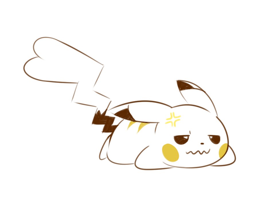 anger_vein artsy-rc commentary english_commentary full_body gen_1_pokemon lying no_humans on_stomach pikachu pokemon pokemon_(creature) simple_background solo wavy_mouth white_background