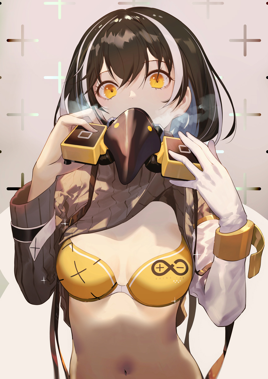 1girl arknights bikini black_hair breasts breath clothes_lift commentary elbow_gloves gas_mask gloves hands_up highres long_sleeves looking_at_viewer magallan_(arknights) medium_breasts multicolored_hair navel orange_eyes ribbed_sweater salmon88 short_hair solo stomach streaked_hair sweater sweater_lift swimsuit upper_body white_gloves yellow_bikini