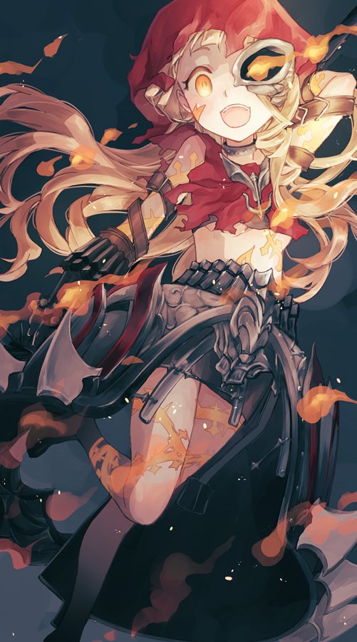 1girl arm_up bare_legs belt black_background black_gloves black_skirt blonde_hair breasts brown_belt choker covering_one_eye dark_persona fire floating_hair gloves half-nightmare half_mask hood hood_up leg_up little_red_riding_hood_(sinoalice) long_hair looking_at_viewer miniskirt moo_alice_moo open_mouth red_hood simple_background sinoalice skirt small_breasts solo standing standing_on_one_leg upper_teeth wavy_hair yellow_eyes