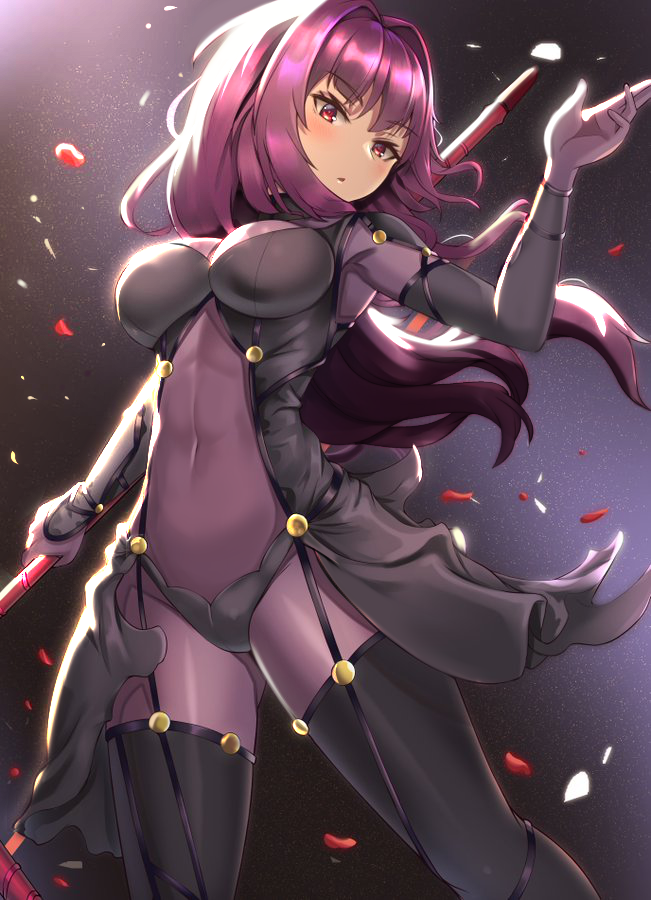 1girl bangs blush bodysuit breasts clyde_s covered_navel eyebrows_visible_through_hair fate/grand_order fate_(series) gae_bolg hair_intakes hand_up holding holding_spear holding_weapon large_breasts long_hair looking_at_viewer parted_lips pauldrons petals polearm purple_bodysuit purple_hair red_eyes revision scathach_(fate)_(all) scathach_(fate/grand_order) solo spear standing very_long_hair weapon