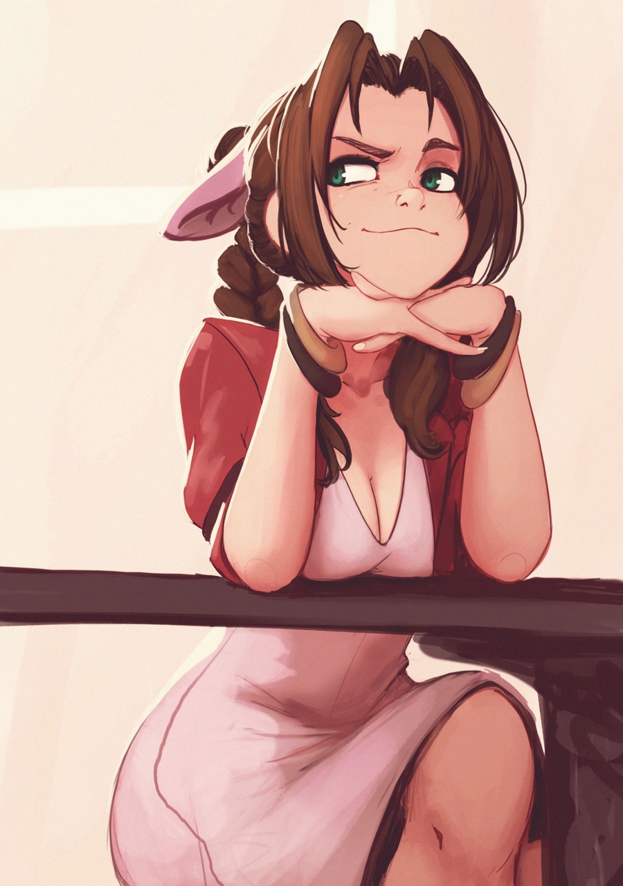1girl aerith_gainsborough bow braid breasts brown_hair carlos_eduardo commentary crossed_legs dress final_fantasy final_fantasy_vii green_eyes hair_bow highres long_hair looking_to_the_side pink_background pink_bow pink_dress raised_eyebrow sitting smile smirk solo table