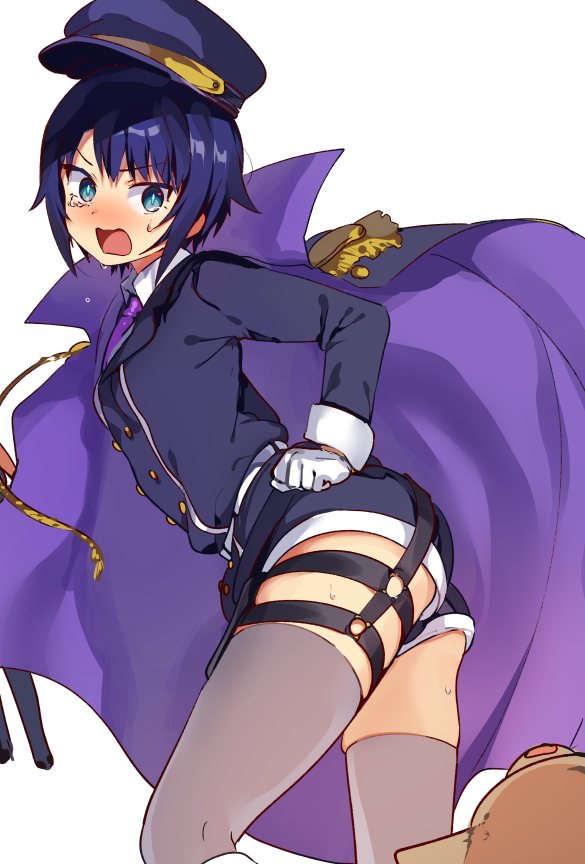 1girl ass blue_eyes blue_hair blue_headwear blush breasts cape character_request collared_shirt embarrassed eyebrows_visible_through_hair from_behind gloves grey_legwear hat jahy_sama_wa_kujikenai konbu_wakame long_sleeves looking_at_viewer necktie open_mouth purple_cape purple_neckwear rectangular_mouth shirt short_hair small_breasts solo tearing_up thigh-highs white_gloves white_shirt