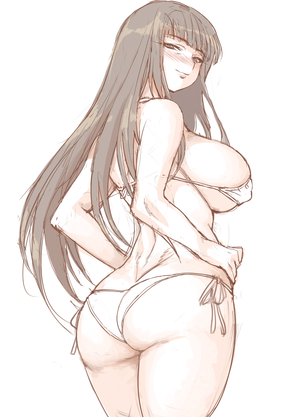 1girl ass bangs bikini blunt_bangs blush breasts brown_eyes brown_hair closed_mouth cowboy_shot eyebrows_visible_through_hair from_behind girls_und_panzer guraedo-chungchoon half-closed_eyes hands_on_hips highres large_breasts long_hair looking_at_viewer looking_back mature nishizumi_shiho side-tie_bikini simple_background sketch skindentation smile solo standing straight_hair string_bikini swimsuit white_background white_bikini