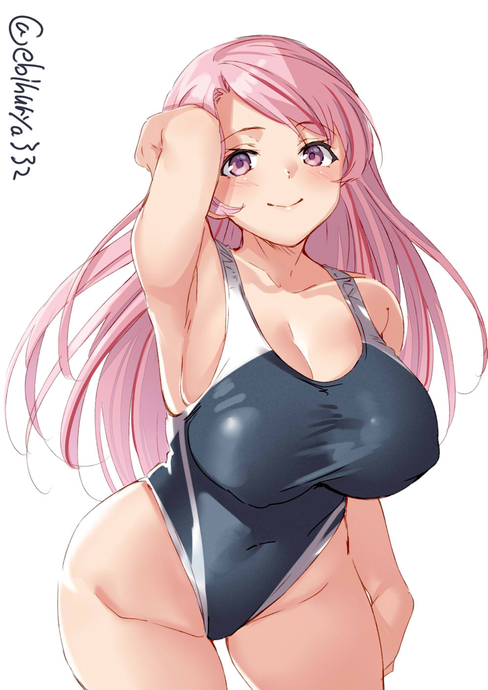 1girl arm_at_side arm_behind_head armpits bangs bare_arms breasts collarbone competition_swimsuit covered_navel covered_nipples cropped_legs ebifurya eyebrows_visible_through_hair highleg highleg_swimsuit highres kantai_collection large_breasts leaning_forward long_hair looking_at_viewer luigi_di_savoia_duca_degli_abruzzi_(kantai_collection) one-piece_swimsuit pink_eyes pink_hair puffy_nipples smile solo swept_bangs swimsuit twitter_username