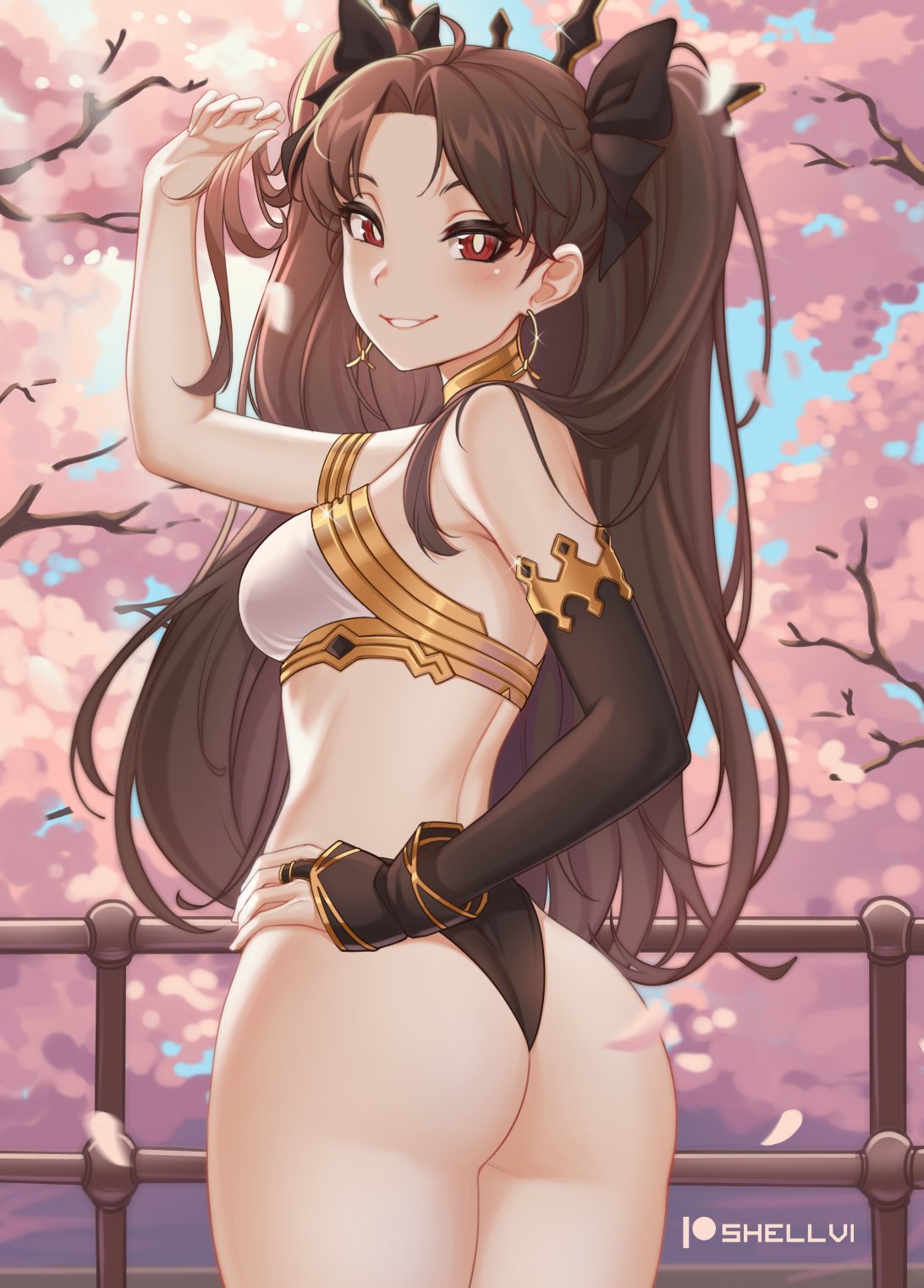 1girl armlet artist_name ass asymmetrical_sleeves bangs bare_shoulders breasts bridal_gauntlets brown_hair cherry_blossoms commentary_request crown day earrings fate/grand_order fate_(series) from_behind hair_ribbon highres hoop_earrings ishtar_(fate)_(all) ishtar_(fate/grand_order) jewelry long_hair looking_at_viewer medium_breasts neck_ring outdoors parted_bangs red_eyes ribbon shellvi smile solo two_side_up