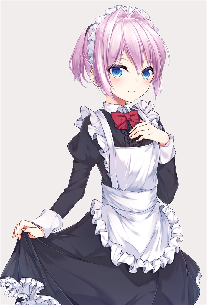 1girl alternate_costume apron black_dress blue_eyes blush bow bowtie cowboy_shot dress enmaided fingernails grey_background hair_between_eyes hikobae juliet_sleeves kantai_collection long_sleeves maid maid_apron maid_dress maid_headdress pink_hair puffy_sleeves red_bow red_neckwear shiranui_(kantai_collection) short_hair simple_background smile solo