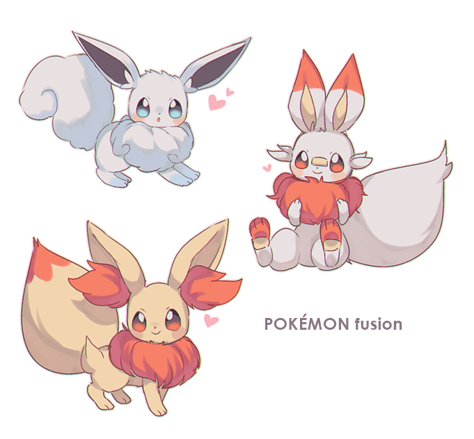 :o alolan_form alolan_vulpix blue_eyes blush brown_eyes clarevoir closed_mouth commentary creature eevee english_commentary english_text fennekin full_body fusion gen_1_pokemon gen_6_pokemon gen_7_pokemon gen_8_pokemon looking_at_viewer multiple_fusions no_humans pokemon pokemon_(creature) scorbunny simple_background smile white_background