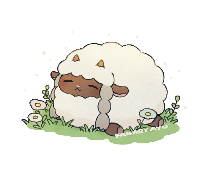 :&lt; ayu_(mog) closed_eyes daisy facing_viewer flower gen_8_pokemon grass lying no_humans on_stomach pokemon pokemon_(creature) sheep signature simple_background smile solo white_background wooloo
