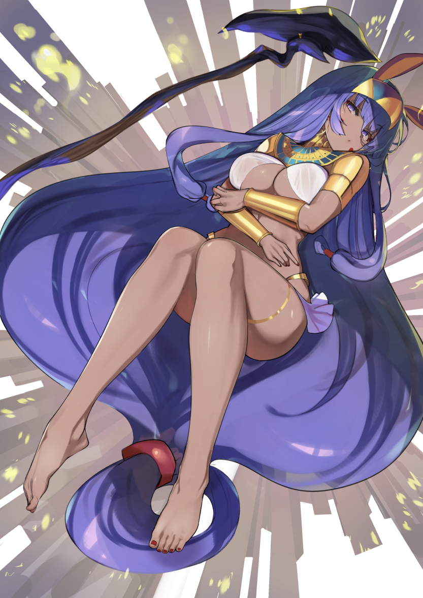 1girl animal_ears bangs bare_shoulders barefoot bracer breasts commentary dark_skin earrings egyptian egyptian_clothes facepaint facial_mark fate/grand_order fate_(series) feet hareno_chiame hoop_earrings jackal_ears jewelry legs long_hair looking_at_viewer low-tied_long_hair medium_breasts navel nitocris_(fate/grand_order) purple_hair sidelocks solo staff usekh_collar very_long_hair violet_eyes