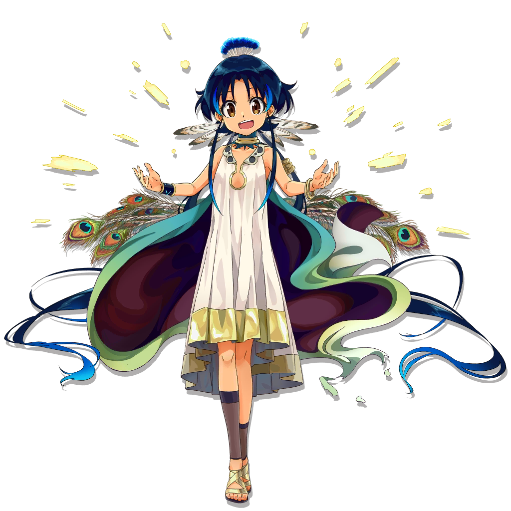 1girl :d arknights bangle bangs bare_arms bare_shoulders blue_hair bracelet brown_eyes conviction_(arknights) dress full_body jewelry looking_at_viewer neck_ring official_art open_mouth peacock_feathers sandals short_hair sleeveless sleeveless_dress smile solo standing tomato_(lsj44867) transparent_background white_dress