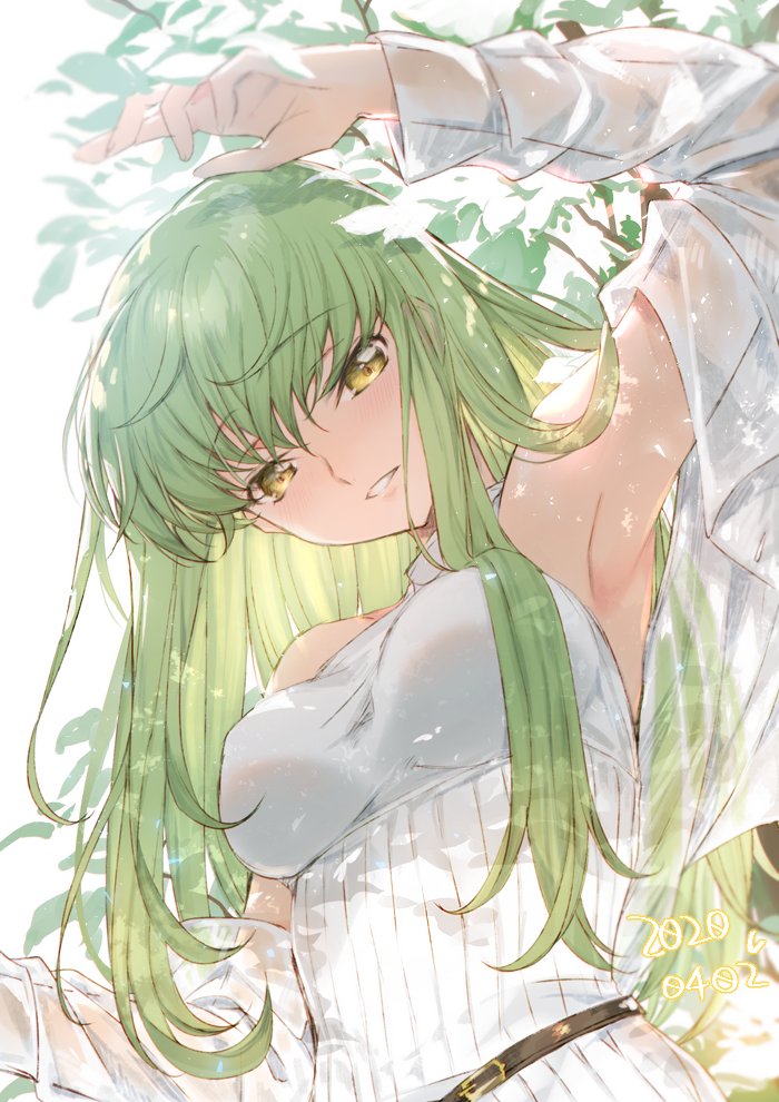 1girl 2020 armpits bare_shoulders branch breasts c.c. code_geass creayus dated eyebrows_visible_through_hair green_hair halterneck leaf long_hair looking_at_viewer medium_breasts see-through shawl solo upper_body yellow_eyes