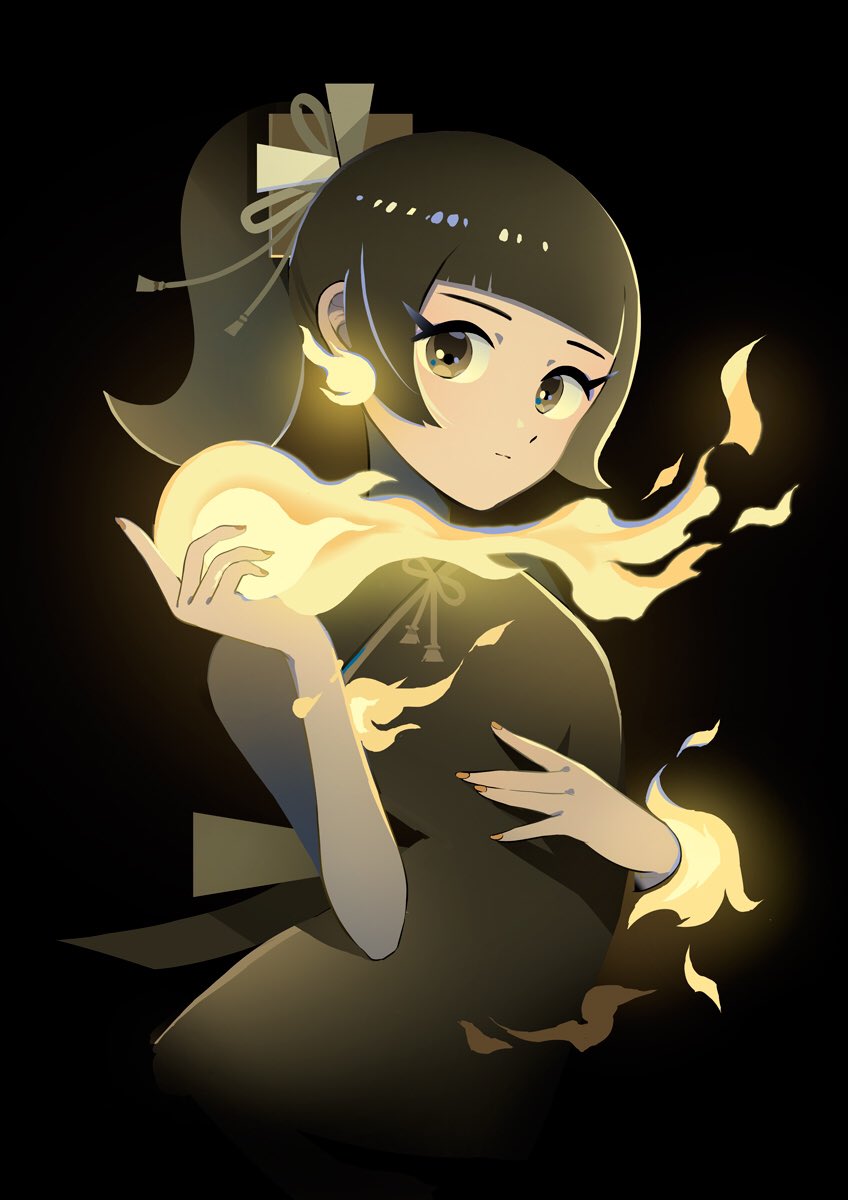 1girl appi bangs black_background black_eyes black_hair blunt_bangs dark earrings fire flame glowing highres jewelry looking_at_viewer medium_hair original ponytail sidelocks solo upper_body yellow_fire yellow_nails yellow_theme