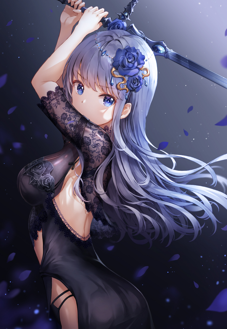 1girl arms_up ass backless_dress backless_outfit bangs black_dress blue_eyes blue_flower blue_hair blue_rose breasts commentary_request covered_mouth dress eyebrows_visible_through_hair flower hair_flower hair_ornament holding holding_sword holding_weapon long_hair looking_at_viewer looking_to_the_side lunacle medium_breasts original petals rose see-through short_sleeves solo sword two-handed very_long_hair weapon