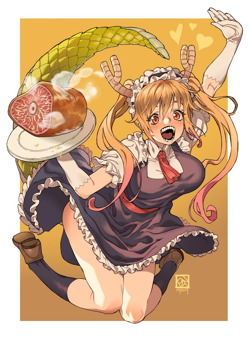 1girl arm_up black_legwear blonde_hair border breasts brown_footwear collared_dress commentary dragon_girl dragon_horns dragon_tail dress food frilled_dress frilled_sleeves frills full_body gloves gradient_hair heart horns kobayashi-san_chi_no_maidragon large_breasts long_hair maid meat multicolored_hair open_mouth orange_eyes orange_hair outside_border plate poch4n red_neckwear sharp_teeth shoes socks solo steam symbol_commentary tail teeth tooru_(maidragon) twintails white_border white_gloves yellow_background